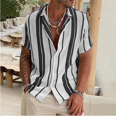Hearujoy New Men's Slub Cotton Shirt Stripe Short Sleeve Collar Cardigan Summer Fashion Loose Oversize Shirts Top Streetwear Male
