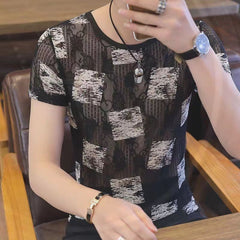Hearujoy Summer New Men Ice Silk Pattern Print Tshirts Short sleeve Ultra-thin Tee Tops Fashion Sexy Hollow Out Elastic Slim Fit T-shirts