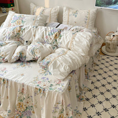 YICKYUE - Pure Cotton Korean Princess Style Bedding Set French Pastoral Country Flowers Duvet Cover Bed Skirt With Pillowcases bed set
