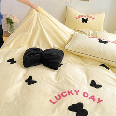 Yickyue Korea Ins Yellow Bedding Set With Black Butterfly Soft Wash Cotton Quilt Cover Bed Sheet Girls Kids Decor Home Textiles