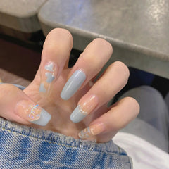 24Pcs/Box French Long Flower Fake Nails Bow Design Butterfly Full Cover Press On Nails Detachable False Nails with Glue