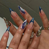 YICKYUE - Gold Relief Sculpture French Crocodile Pattern Gradient Blending Blue False Nails Detachable Finished Fake Nails Press on Nails