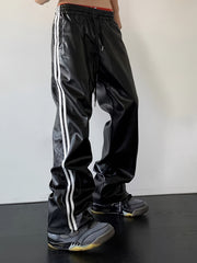 Hearujoy Men's PU Leather Pants, 45% Polyurethane 55% Polyester, All-Season Street Style Straight Leg with Side Stripe Design, Loose Fit Woven Trousers, Allseason Pants | Modern Loose Pants | Drawstring Waistband