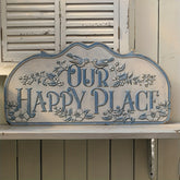 YICKYUE - Vintage Blue Metal Wall Decor Sign "Our Happy Place" - 24x12 Inch Garden Home Retro Tin Plaque, Multipurpose Wall Hanging Sign with Relief Pattern, Easy Installation - English Language, 1 Piece