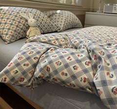YICKYUE - Vintage flower cherry red blue plaid beding set,twin full queen king retro cotton home textile bed sheet pillow case quilt cover