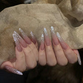 YICKYUE - 24pcs French False Nail Shiny Powder Design Long Pointed Fake Nail Tips for Women Wearable Full Cover Glitter Press on Nails