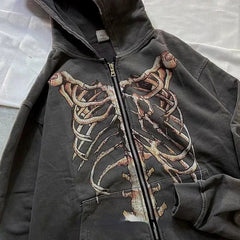Hearujoy Zipper Hoodie Y2K Harajuku goth Long Sleeve Sweatshirt Oversized Hooded Jacket Gothic Loose Streetwear Skull Anime Men Women