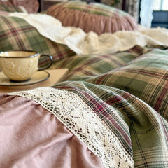 YICKYUE - French Retro Style Cotton Princess Style Four-piece New Style Pure Cotton British Plaid Bed Skirt Bedding