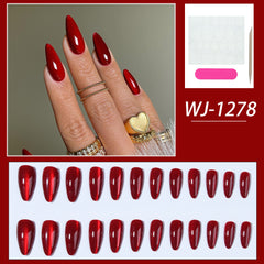 YICKYUE - 24pcs/box burgundy cat eye fake nails nail art patches wearable nails press-on nails ins suitable for women girls students pregn