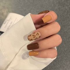 Fake Nails Yellow Coffee Leopard Nail Stickers Finished Nail Stickers 24 Nail Stickers With Glue TY