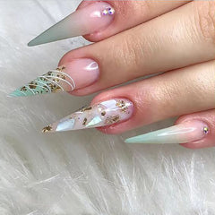 YICKYUE - 24Pcs Glitter Gradient Green False Nails with Rhinestone Long Almond Press on Nails Detachable Stiletto Fake Nail Tips Wearable