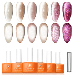 YICKYUE Cat Eye Nail Gel Set,Holographic Magnetic Gel Polish,Soak Off UV/LED 6 Colors Nail Art Kit with Magnet Stick,for Manicure Salon