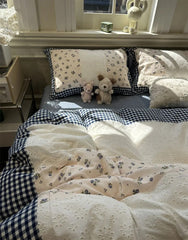 Yickyue - Romantic sweet flower plaid blue lace beding set,full queen king fairyfair cotton home textile bed sheet pillow case duvet cover