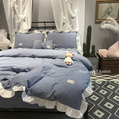 YICKYUE - Korean Style Washed Cotton Bedding Set - 4PC Striped Duvet Cover with Lace Trim