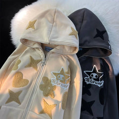 Hearujoy 90s Streetwear 2024 New Kawaii Zip Up Hoodie Women Y2K Oversized Harajuku Star Patchwork Sweatshirt Man Anime Hoodie Jacket Coat Streetwear