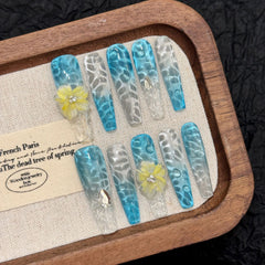 YICKYUE - 10pcs Handmade Mint Green Press on Nails 3D Yellow Flower Decor Fake Nails Wearable Glitter Gradient Cat Eye False Nail Tips