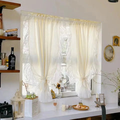 Yickyue French Cream Style Ruffled Lace Tulle Curtains Light Yellow Romantic Short Sheer Curtain For Living Room Bedroom Glass Door