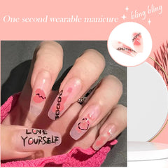 24pcs Long Coffin Head Fake Nail Tip Artificial Nail Patch Pink Color with printed Women Wearable Full Finished Press on Nails