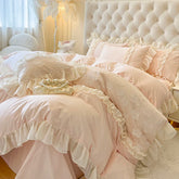 YICKYUE - 100% Cotton Chiffon Lace Ruffles Bedding Set Korean Style Pink Princess Embroidery Duvet Cover Fitted Bed Sheet Pillowcases