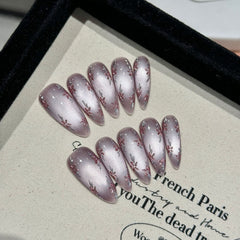 YICKYUE - 10pcs Handmade Press on Nails Purple Cat Eye Fake Nails for Girls Women Wearable Detchable Sweet Flower Almond False Nails