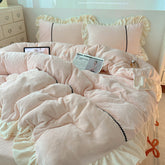 YICKYUE - Pink Butterfly Carved Velvet Lace Ruffles Soft Warm Bedding Set Single Queen King Size Duvet Cover Set Bed Sheet Pillowcases