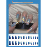24pcs Solid Color Fake Nail Sky Blue Beach Aurora Metal Mirror Nails Ladies Press On Designed False Nails Tips