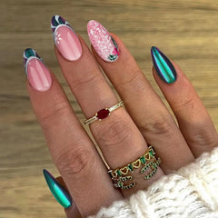 YICKYUE - Chic Christmas Snowflake Romantic Green French Fake Nails Pearl Pearlized Powder Detachable Finished False Nails Press on Nails