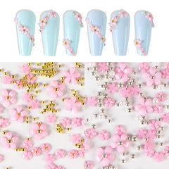 200pcs Acrylic Pink White Flower Mixed Size Rhinestones Silver Gold Gem Nail Art Decoration Manicures Tool For DIY Nail Designs