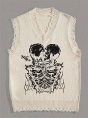 Hearujoy Stylish Men's Brown Knit Sweater Vest with Skull Print - Casual V-Neck, Sleeveless Pullover with Raw Hem Detail, Perfect for Summer