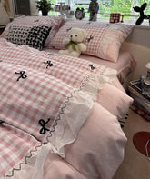 YICKYUE - Sweet fairyfair pink blue plaid bow bedding set 1.5 1.8,full queen elegant cotton home textile bed sheet pillow case quilt cover