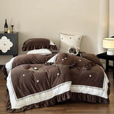 YICKYUE - Velvet Heart Embroidery Ruffle Bedding Set - Chocolate Brown