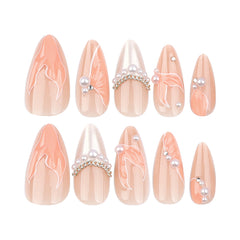 YICKYUE - 24pcs Mermaid Aurora Fake Nails Shiny 3D Pearl Decor Press on Nails Full Cover Wearable Bride Lady French Almond False Nail Tips