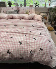 YICKYUE - Sweet fairyfair pink blue plaid bow bedding set 1.5 1.8,full queen elegant cotton home textile bed sheet pillow case quilt cover