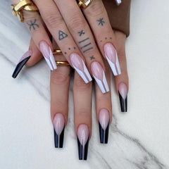 Long Coffin Fake Nails French Black Point Transparent Manicure Removable False Nails with Glue Women Ballerina Nail Art Tips