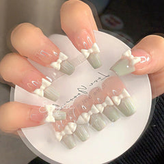 Yickyue Removable Milk Green French Style Bow False Nail Patch Handmade Wearable Nail Art Nail 10 Piece Finished Set Nail Accessories