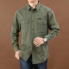 Hearujoy Vintage Men's 100% Cotton Shirt Safari Style Multi-pocket Lapel Top Spring Autumn Long Sleeve Youth Loose Shirts Plus Size M-6XL