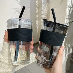 450ml Glass Water Cup With Straw Lid Large Fashion Coffee Tea Milk Juice Breakfast Cups INS Simple Gasses For Drinks Bottle Gift