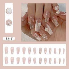 24Pcs/Box Ballet Coffin False Nails With Glue White Camellia Pearls Designs Fake Nails Full Cover Reusable Press On Nail Tips