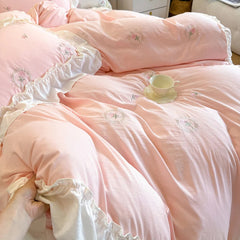 YICKYUE - 4PCS Elegant Rose Embroidery Girl Bedding Set Lace Duvet Cover Set(1*Duvet Cover + 1*Bed Sheet Or Fitted Sheet + 2*Pillowcase)