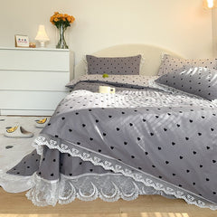 Yickyue Girls Bedding Set Reversible Gray White Heart print Duvet Cover Set 100%Cotton Lace 4Pcs Bedding Queen Twin Ultra Soft bed sheet