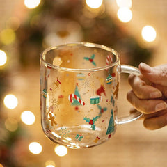 Yickyue 450ml Creative Christmas Mugs Transparent Glass Heat Resistant Mug With Handle Couples Milk Coffee Breakfast Cup Tea Drinkware