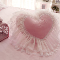 YICKYUE - Lace Love Heart-Shaped Cushion, Coral Velvet Sofa Bed Room Decor with Filling, Korean Garden, Princess Girl Gift, FG164