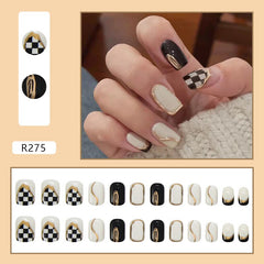 24Pcs Shiny Short Square False Nail With Sticker Black n White Lattice Artificial Fake Nails DIY Full Cover Tips Manicure Tool