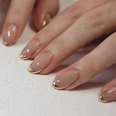 Yickyue Gold Metal French Nude Pink Nail Art Glitter Powder Fashion Fake Nails Detachable Finished False Nails Press on Nails with Glue