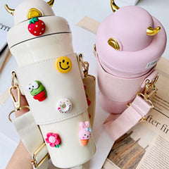 2022 DIY Cute straw Insulated Water Bottle Stainless Steel Thermos Portable Couples Travel Bottle With Shoulder strap Crossbody