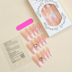 YICKYUE - 24pcs Pink Bowknot False Nails Retro Pearl Design Artificial Nail Patch for Girl Women Long Coffin European False Nail Patches