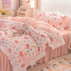 Pastoral Style Bedding Set Cotton 3/4pcs Floral Duvet Cover with Pillowcases Cute Flowers Bed Skirtwith Zipper Quilt Cover