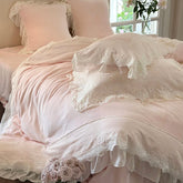 YICKYUE - 4Pcs Pink Vintage French Lace Ruffles Princess Bedding Set Winter Milk Velvet Plush Duvet Cover Cover Set Bed Sheet Pillowcases