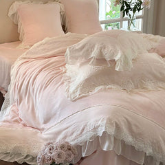 YICKYUE - 4Pcs Pink Vintage French Lace Ruffles Princess Bedding Set Winter Milk Velvet Plush Duvet Cover Cover Set Bed Sheet Pillowcases