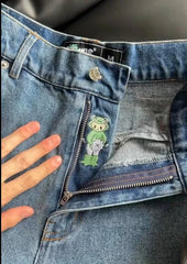 Hearujoy 90s Streetwear Women Retro Kawaii Cartoon Embroidery Shorts Blue Washed Street Hip Hop Baggy Denim Shorts Y2k Jorts Pantalones Cortos De Mujer